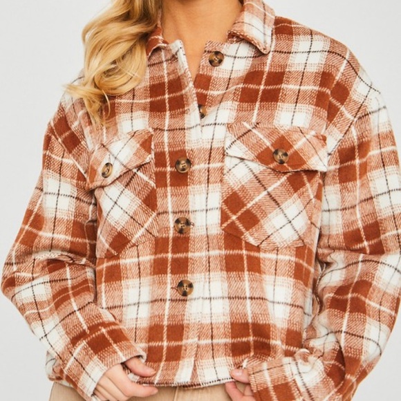 Orange Plaid Flannel Cropped Shacket - Picture 1 of 4